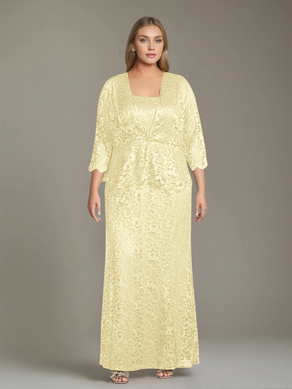 Plus Size 2-Piece Mother of the Bride Dress Set with Square Neck and Floor-Length Sheath