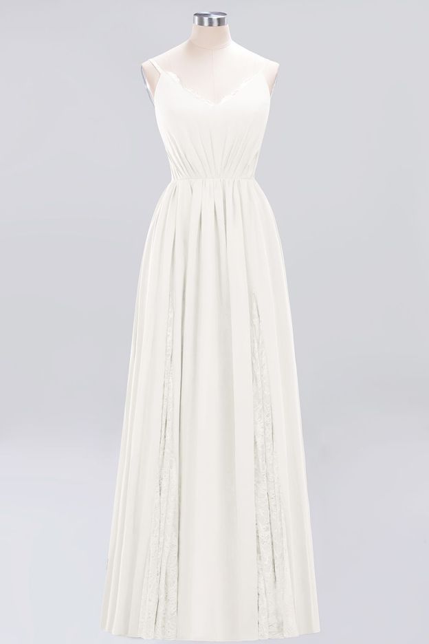 27prom Elegant Spaghetti Straps Long Bridesmaid Dress Lace V-Neck Maid of Honor Dress-27prom