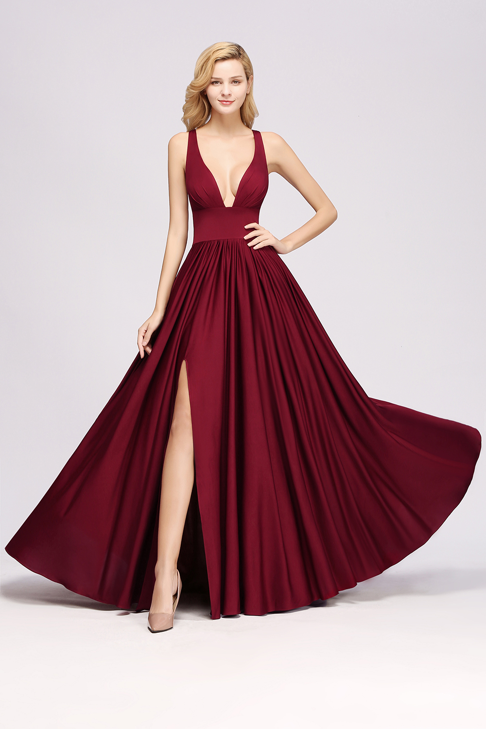 27prom Sexy Deep V-Neck Sleeveless Bridesmaid Dress Burgundy Chiffon Wedding Party Dress-27prom