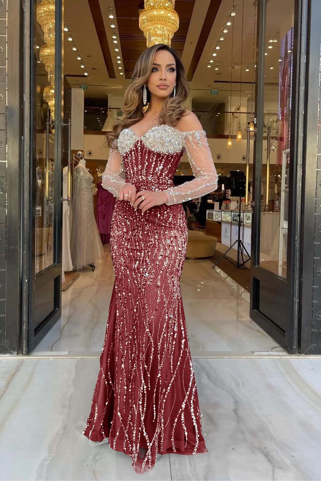 Heavy Prom Dress Sweetheart Long Sleeves Strapless Beading Long Tulle