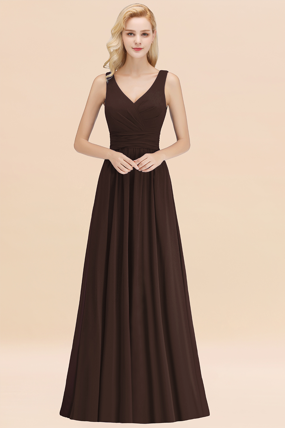 27prom Modest Sleeveless V-Neck Long Chiffon Bridesmaid Dress Online with Ruffle-27prom