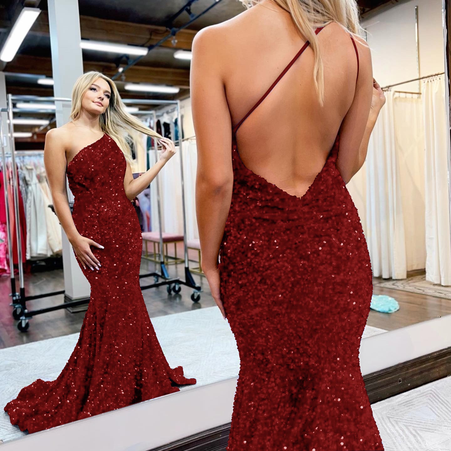 Royal Blue One-Shoulder Sequined Mermaid Prom Dress