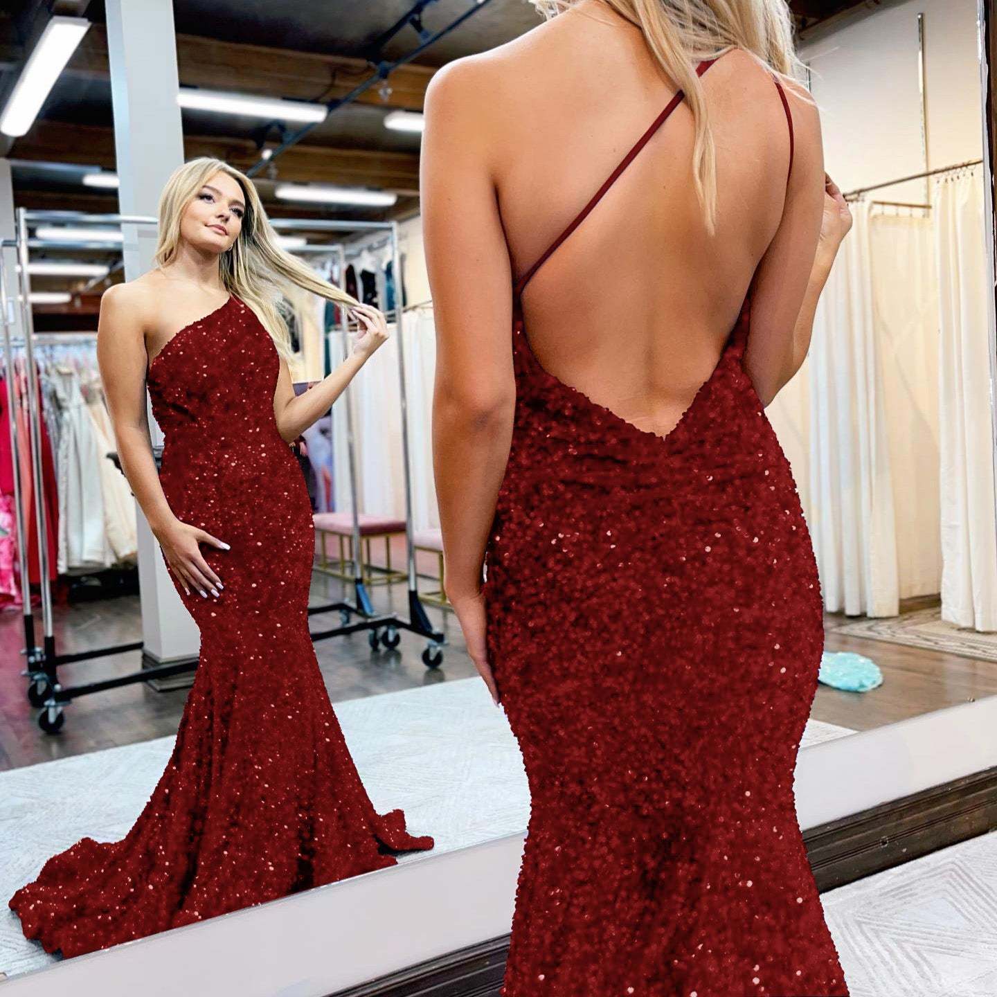 Royal Blue One-Shoulder Sequined Mermaid Prom Dress