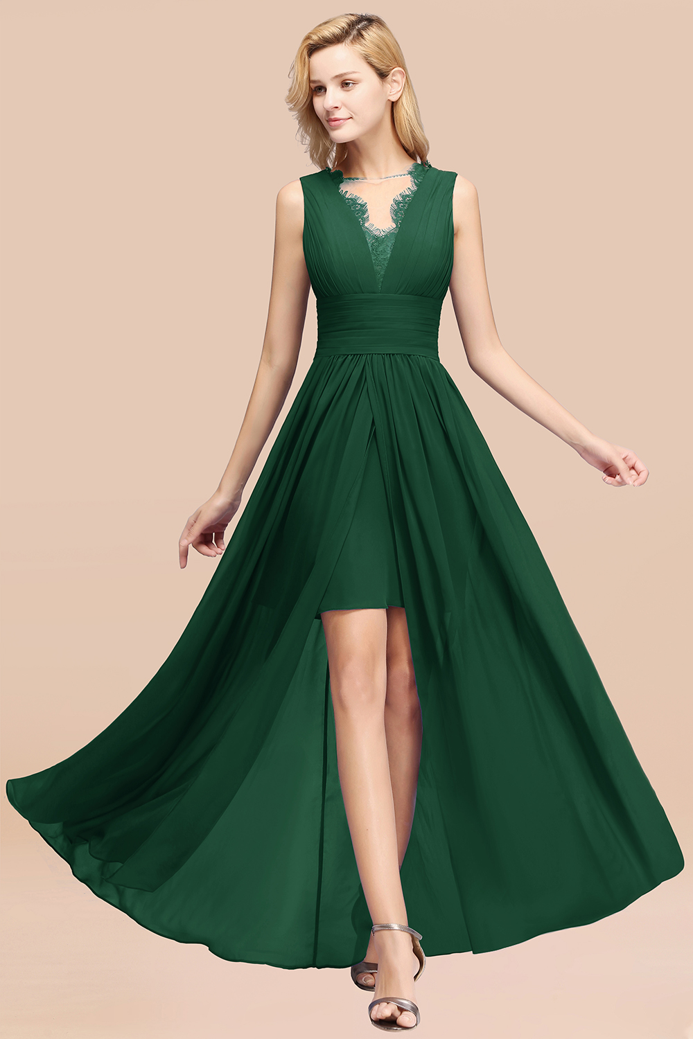 27prom Elegant Chiffon Lace Jewel Sleeveless Bridesmaid Dress with Ruffle-27prom