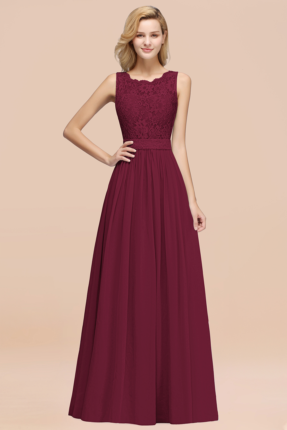 27prom Elegant Chiffon Lace Scalloped Sleeveless Ruffle Bridesmaid Dresses-27prom