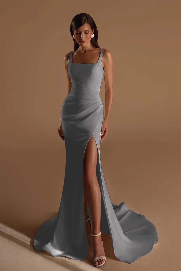 Straps Sleeveless Long Mermaid Prom Dress With Split Pleated