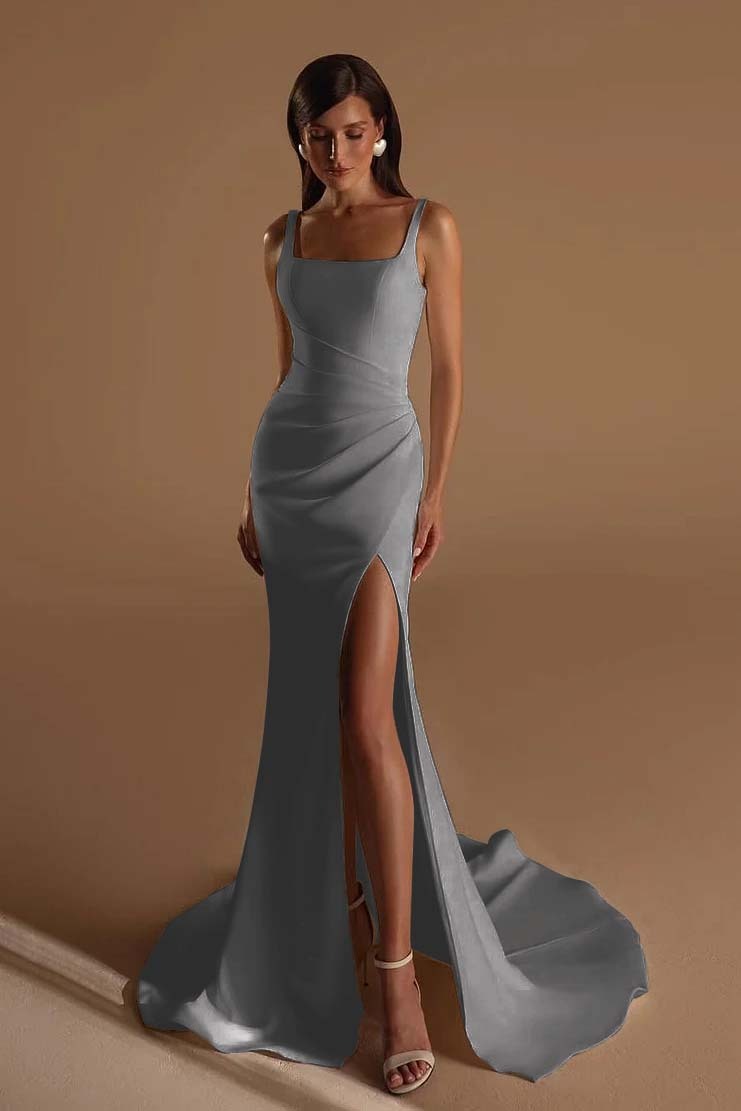 Straps Sleeveless Long Mermaid Prom Dress With Split Pleated