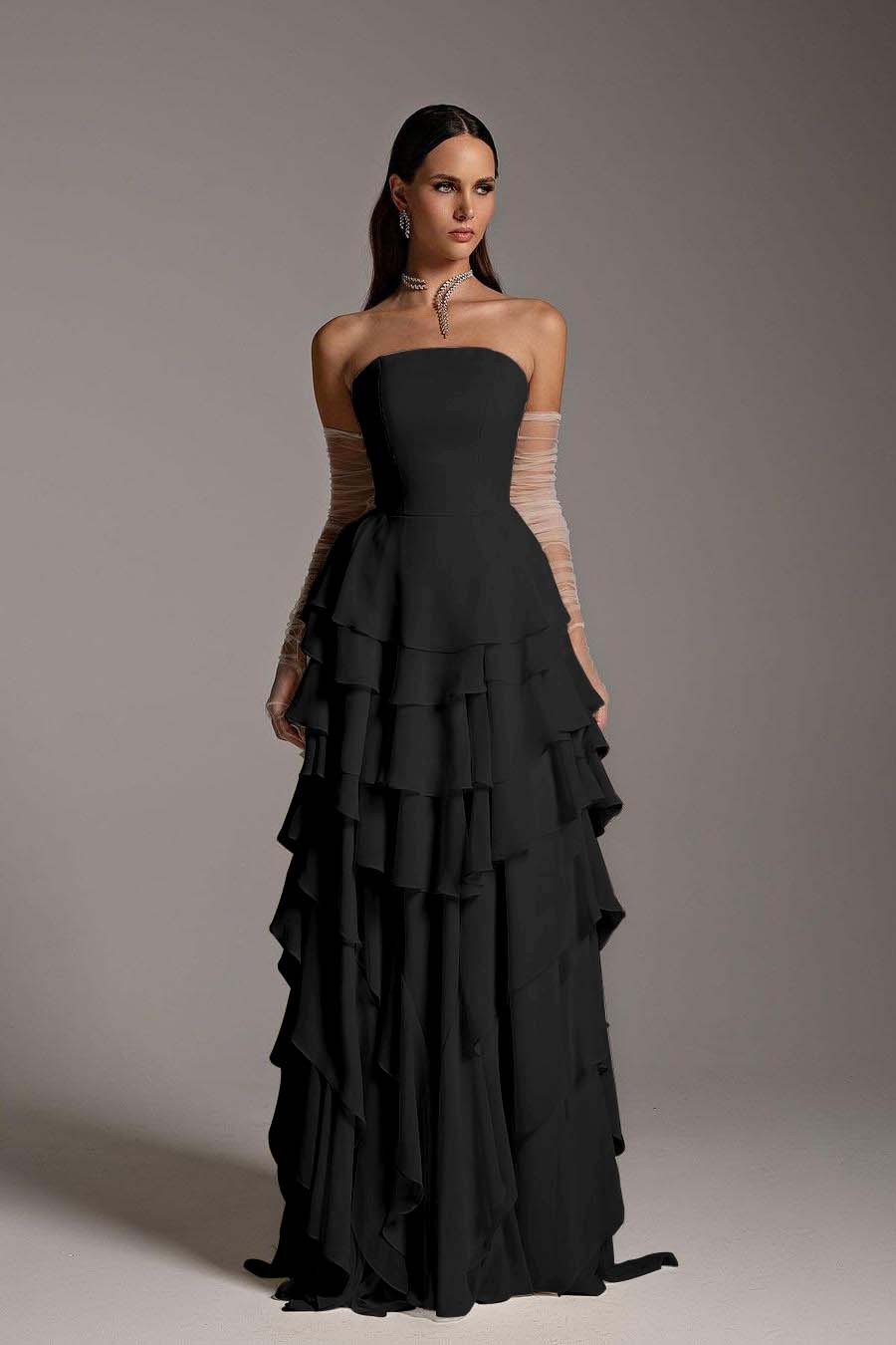 Charming Strapless Sleeveless Ruffles Long Prom Dress With Gloves