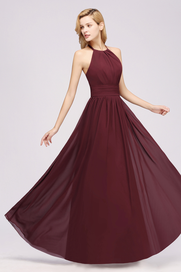 27prom Elegant High-Neck Halter Long Affordable Bridesmaid Dresses with Ruffles-27prom