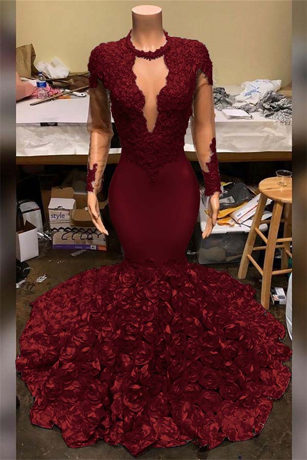 Elegant Mermaid V Neck Prom Dress Appliques Long Sleeves With Flowers Bottom