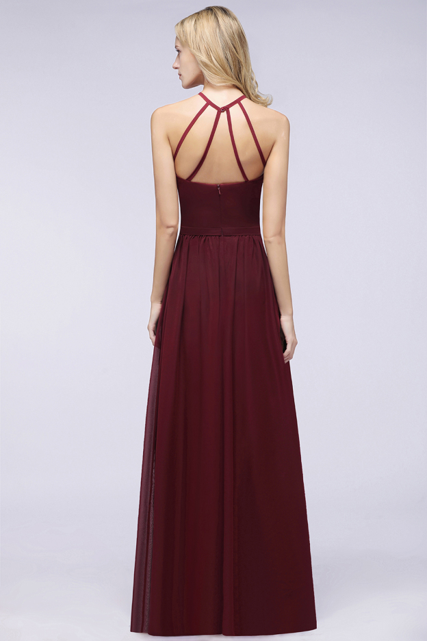 27prom Affordable Halter Sleeveless Long Burgundy Bridesmaid Dress with Ruffle-27prom