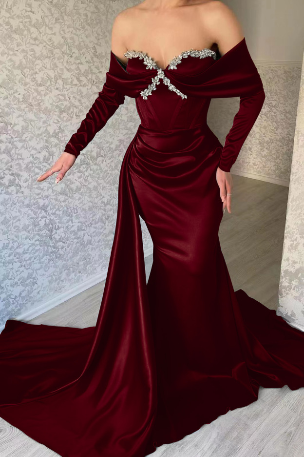 Gorgeous Sweetheart Portrait Long Sleeves Mermaid Prom Dress With Rhinstone Ruffles