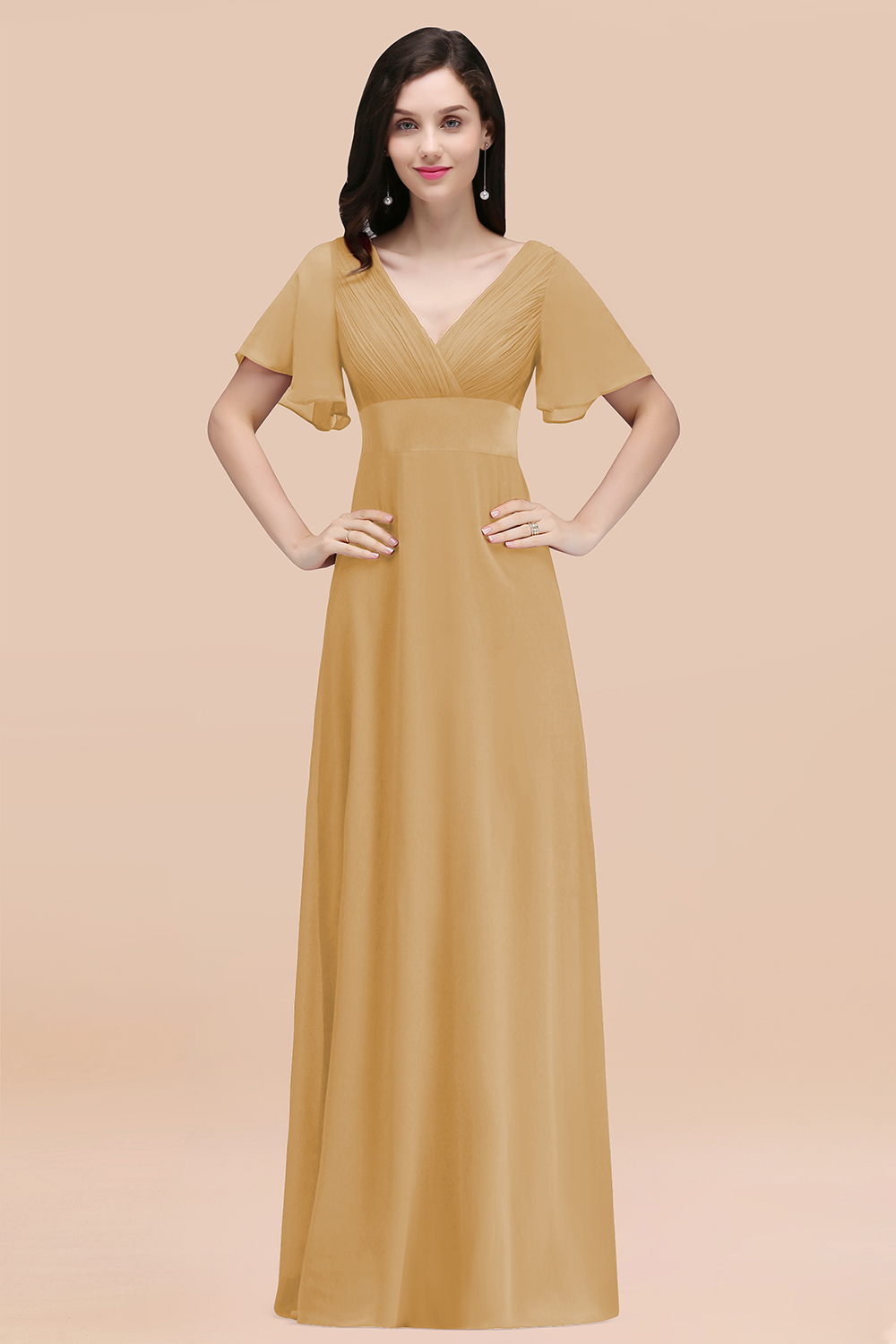 27prom Affordable V-Neck Ruffle Long Burgundy Bridesmaid Dress With Short-Sleeves-27prom