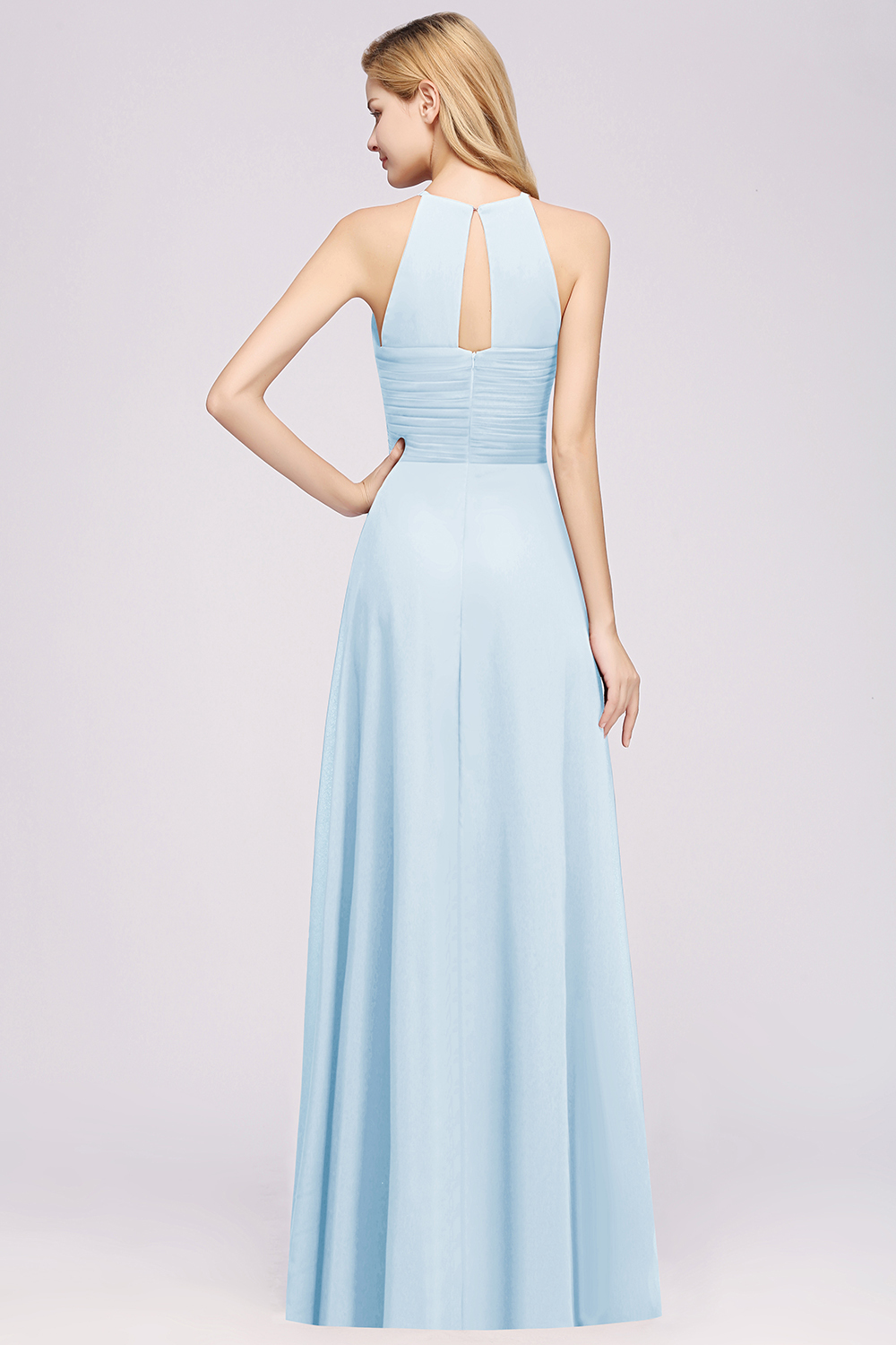 27prom Halter Crisscross Pleated Bridesmaid Dress Blue Chiffon Sleeveless Maid of Honor Dress-27prom