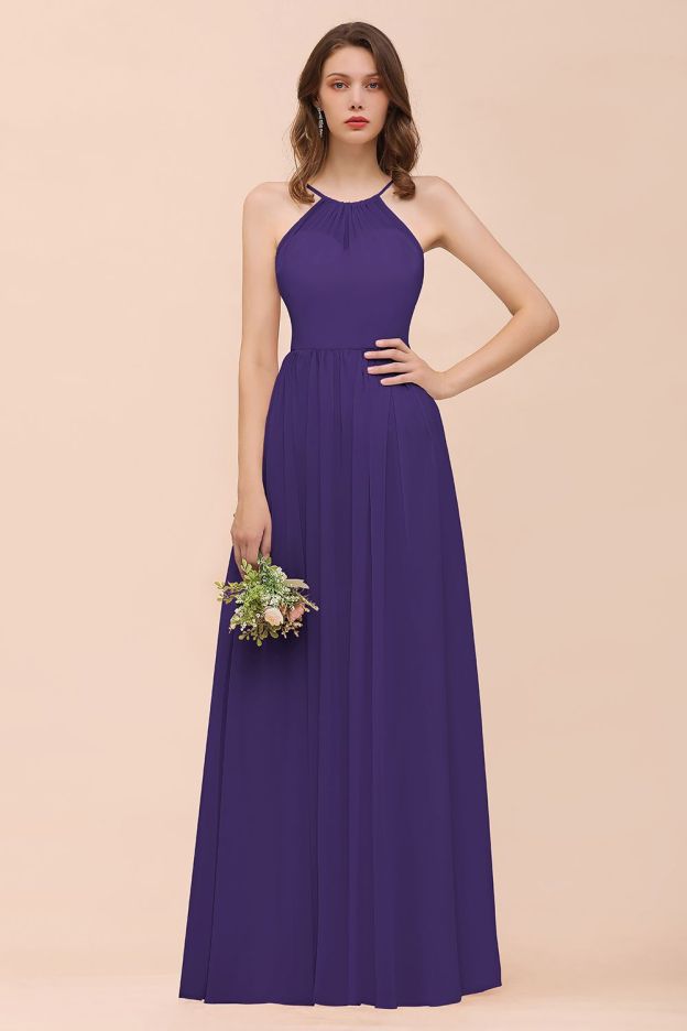 27prom Gorgeous Chiffon Halter Ruffle Affordable Long Bridesmaid Dress-27prom