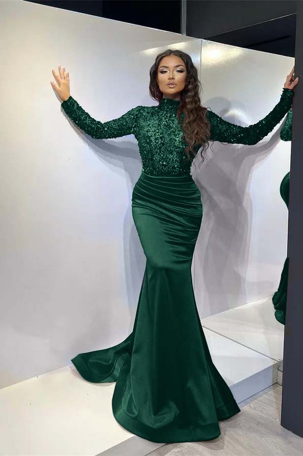 Classic Red Long Mermaid Prom Dress Pleated With Long Sleeves