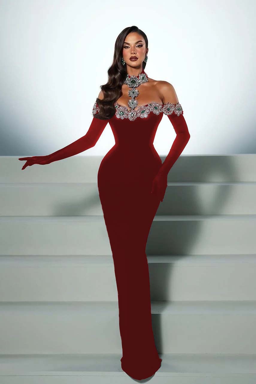 Halter Off the Shoulder Long Sleeves Long Mermaid Prom Dress With Beading