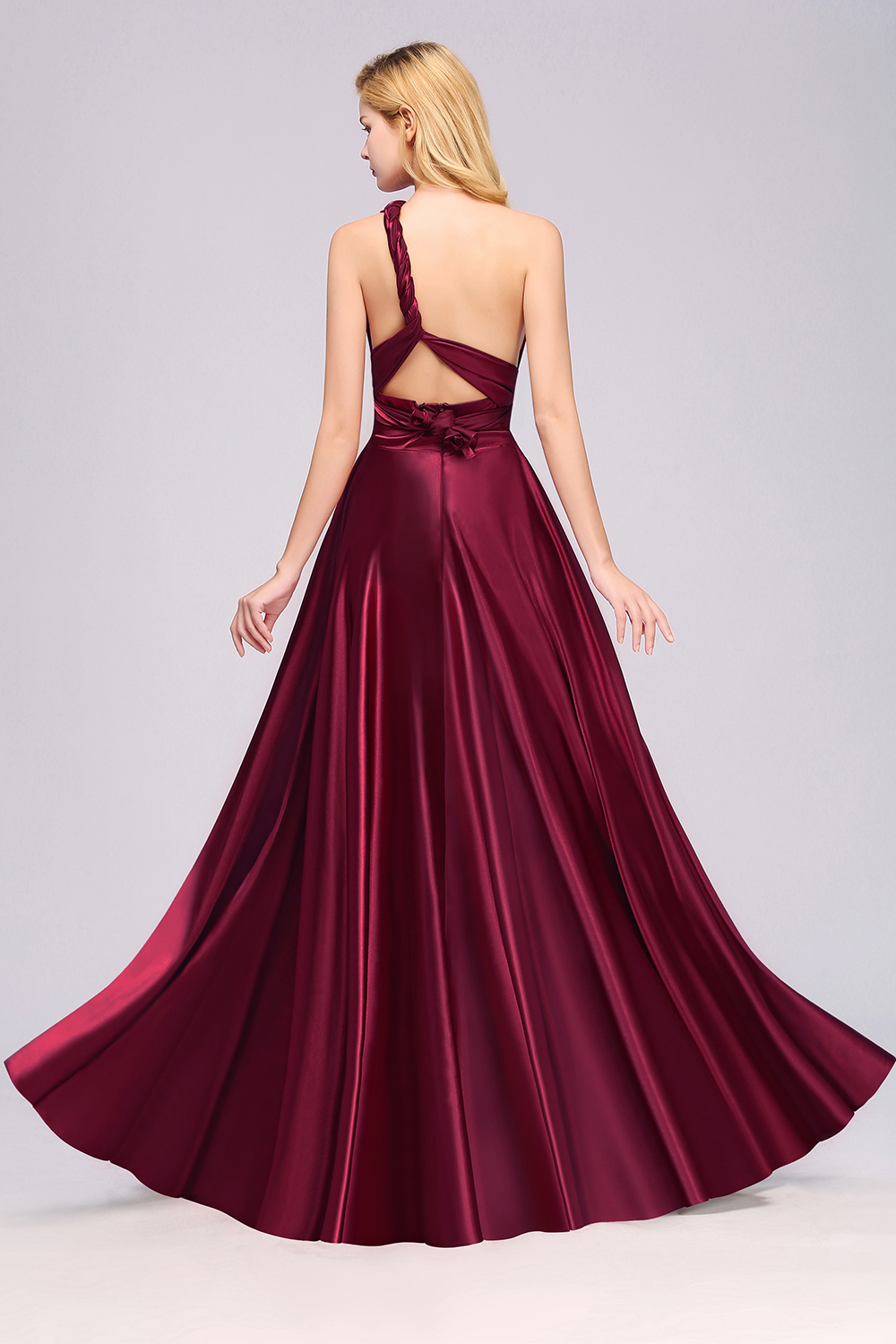 27prom Chic Burgundy Satin Long Bridesmaid Dresses With One Shoulder-27prom