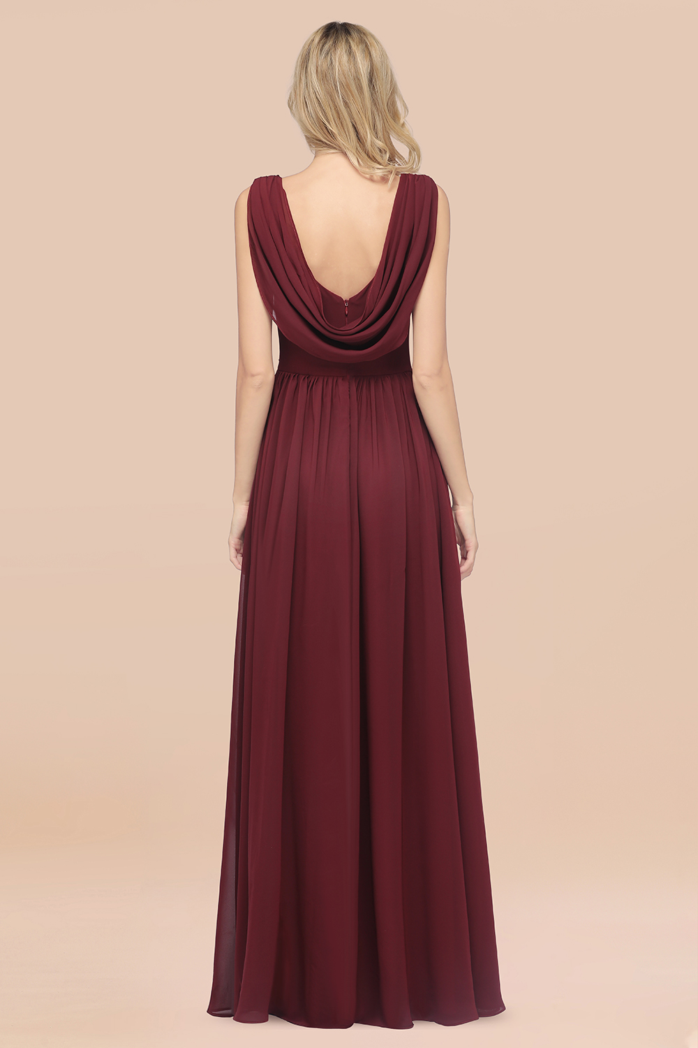 27prom Glamorous Chiffon V-Neck Sleeveless Burgundy Bridesmaid Dress with Draped Back-27prom