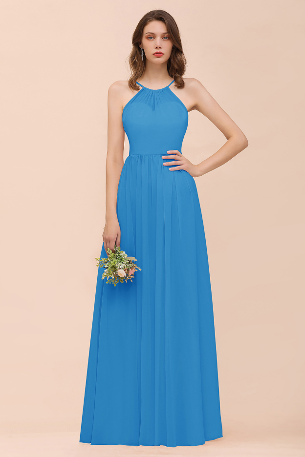 27prom Gorgeous Chiffon Halter Ruffle Affordable Long Bridesmaid Dress-27prom