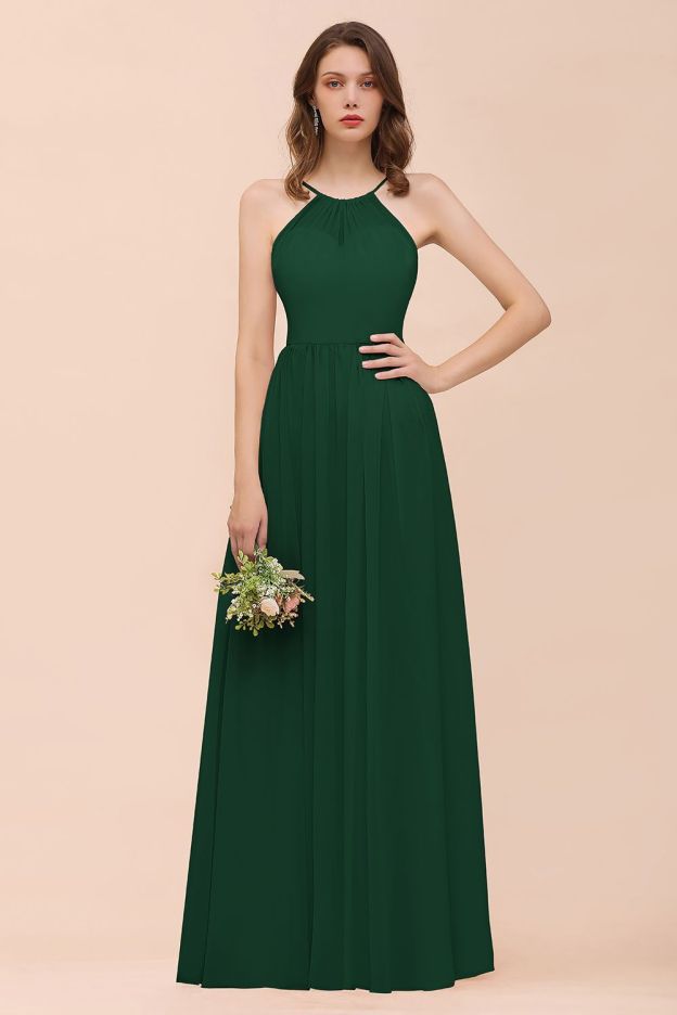 27prom Gorgeous Chiffon Halter Ruffle Affordable Long Bridesmaid Dress-27prom