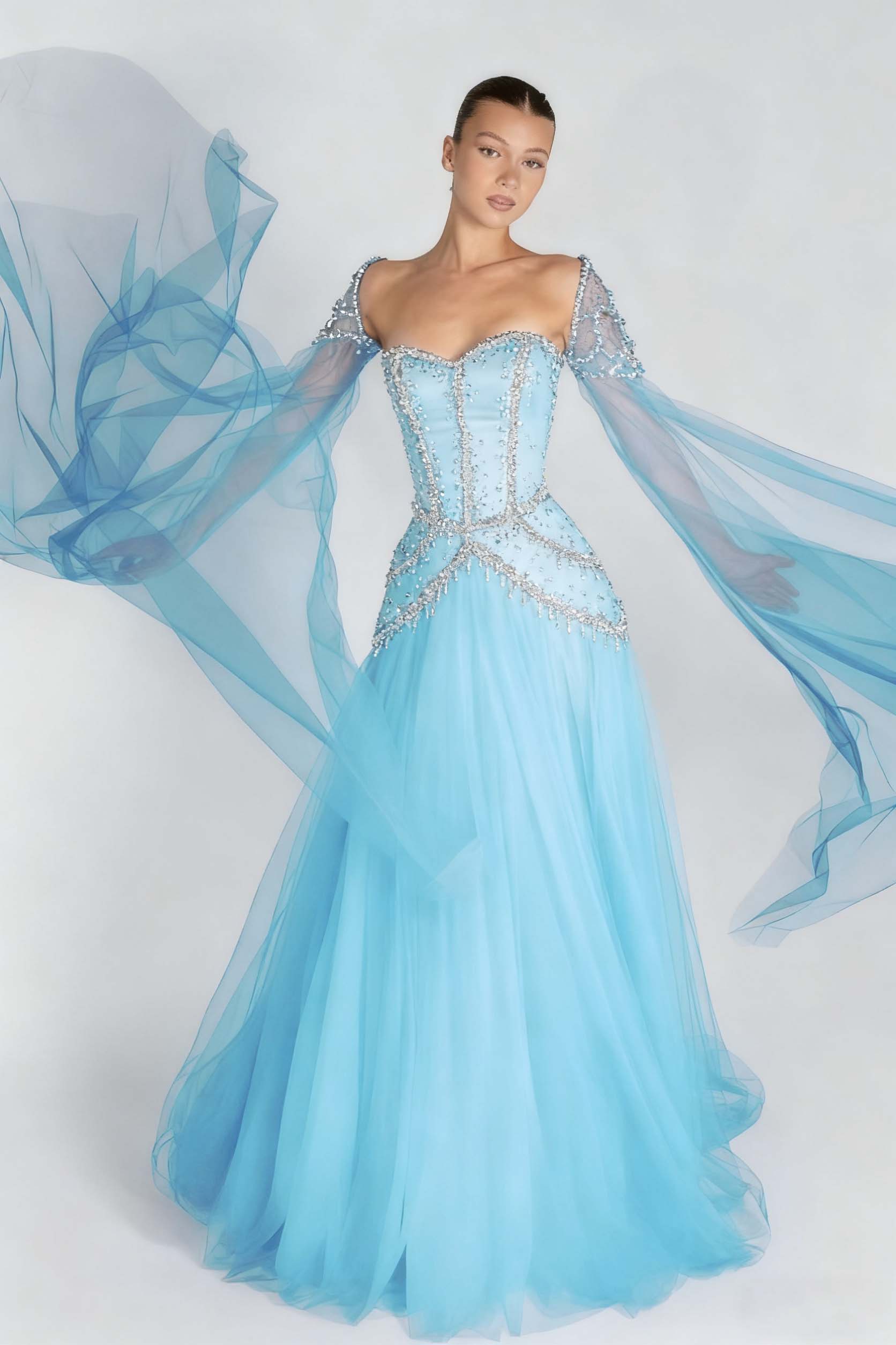 Long Sleeves Sweetheart Long A Line Prom Dress With Pleated Beading