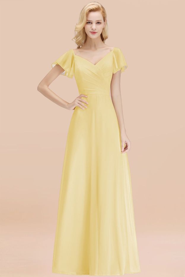 27prom Elegent Short-Sleeve Long Bridesmaid Dress Online Yellow Chiffon Wedding Party Dress-27prom