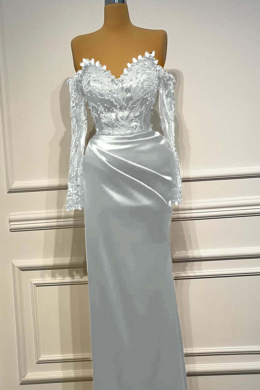 Long Sleeves Strapless Long Mermaid Prom Dress With Beading Pleated