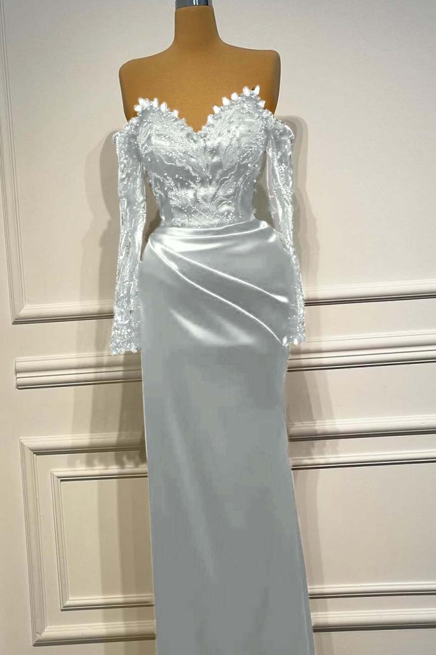 Long Sleeves Strapless Long Mermaid Prom Dress With Beading Pleated