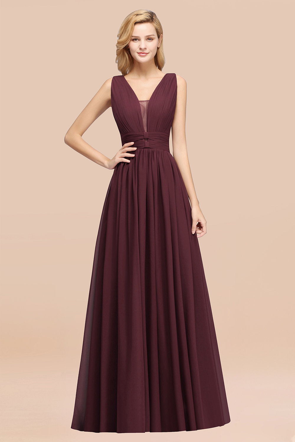 27prom Modest Dark Green Long Bridesmaid Dress Deep V-Neck Chiffon Maid of Honor Dress-27prom