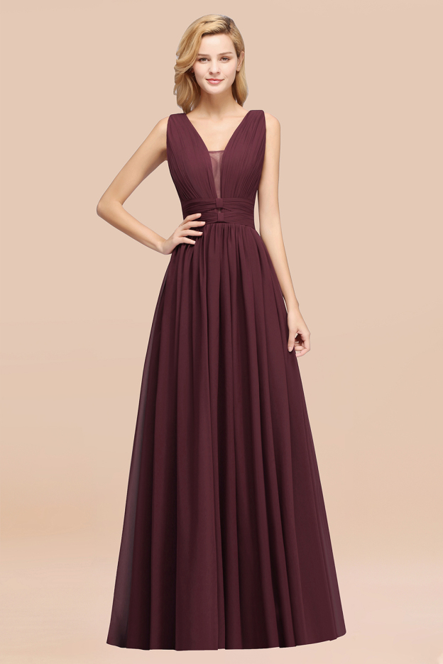 27prom Modest Dark Green Long Bridesmaid Dress Deep V-Neck Chiffon Maid of Honor Dress-27prom