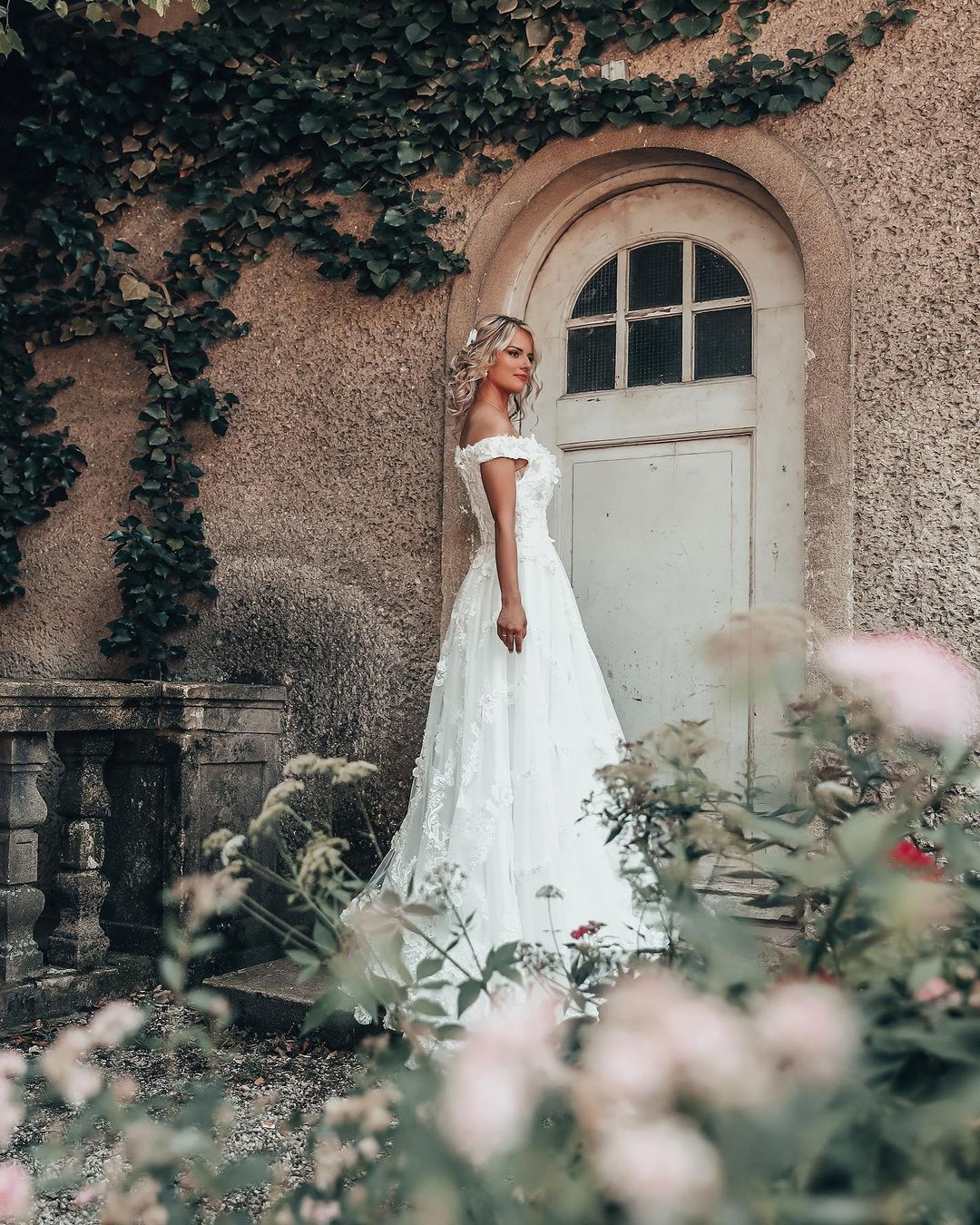 Long A-Line Off-the-Shoulder Wedding Dress with 3D Floral Lace Appliques