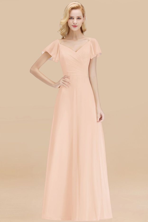 27prom Elegent Short-Sleeve Long Bridesmaid Dress Online Yellow Chiffon Wedding Party Dress-27prom