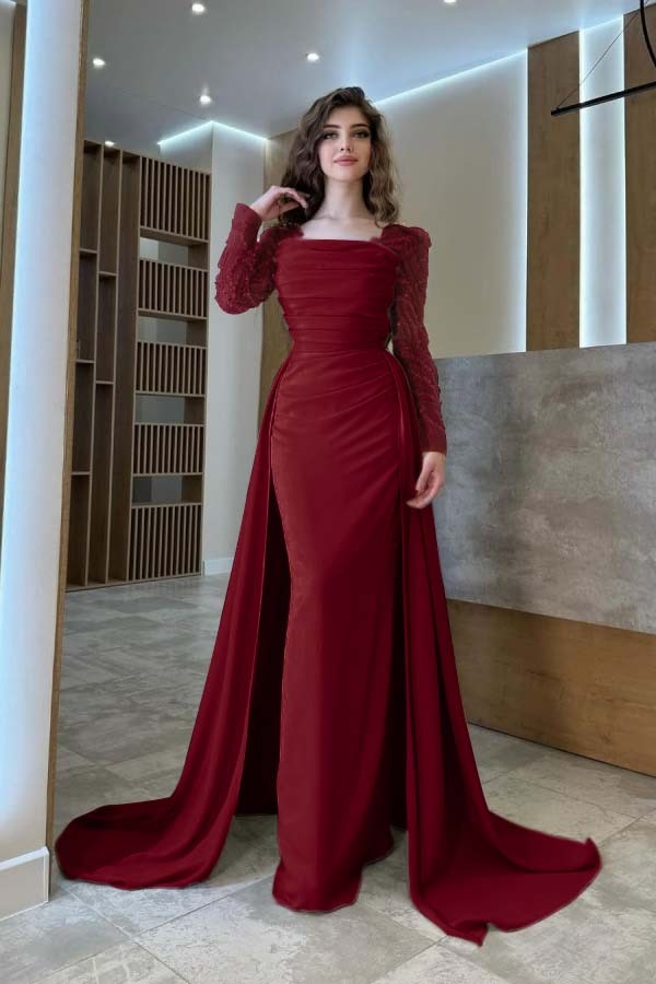 Long Sleeves Square Neck Long Mermaid Prom Dress With Pleated