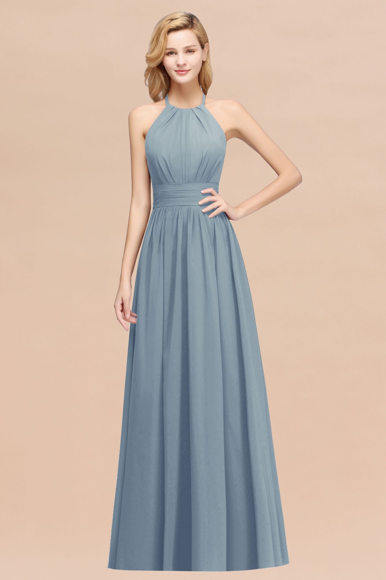 27prom Elegant High-Neck Halter Long Affordable Bridesmaid Dresses with Ruffles-27prom