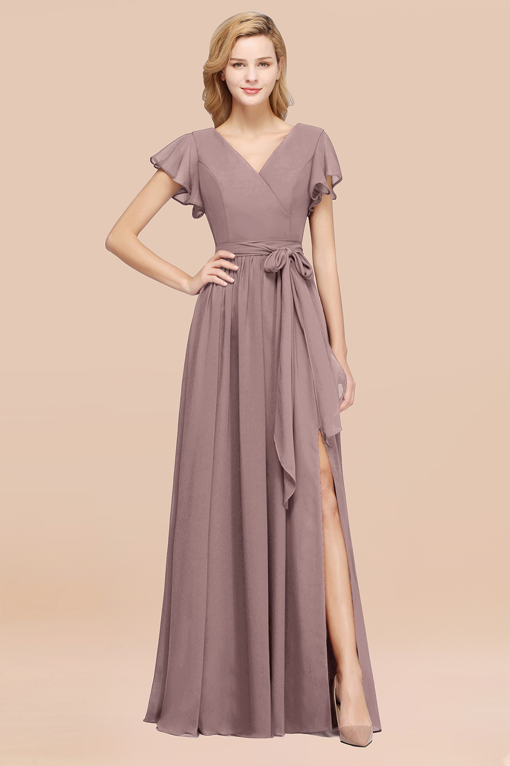27prom Burgundy V-Neck Long Bridesmaid Dress With Short-Sleeves-27prom