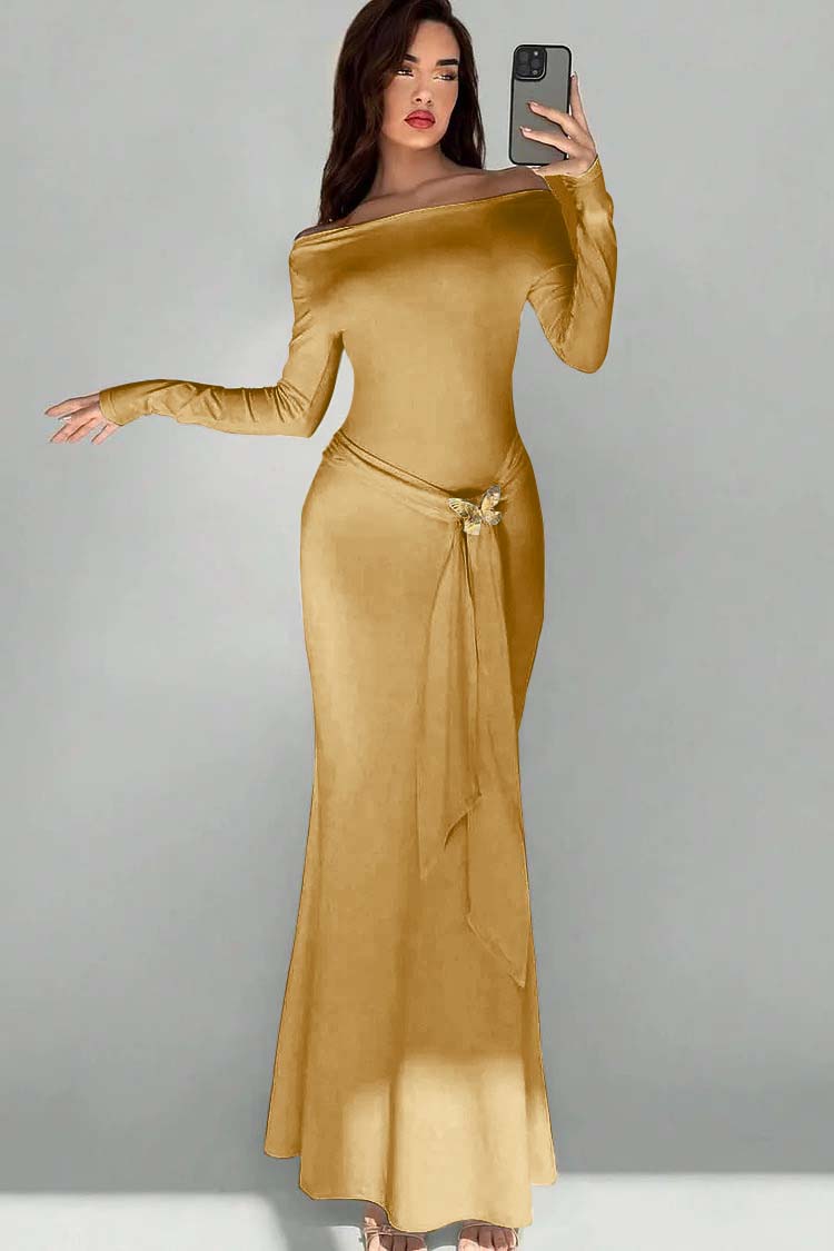 Off the Shoulder Long Sleeves Long Mermaid Prom Dress With Appliques