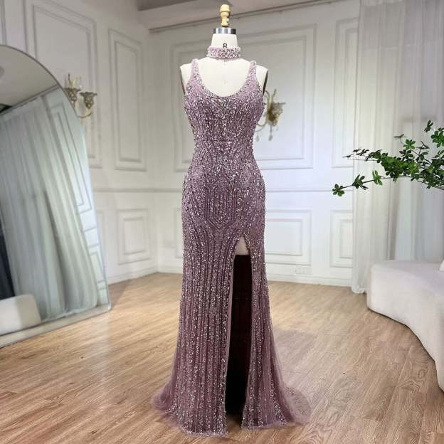 Luxurious Square Beaded Embroidered Formal Evening Dress with Slit