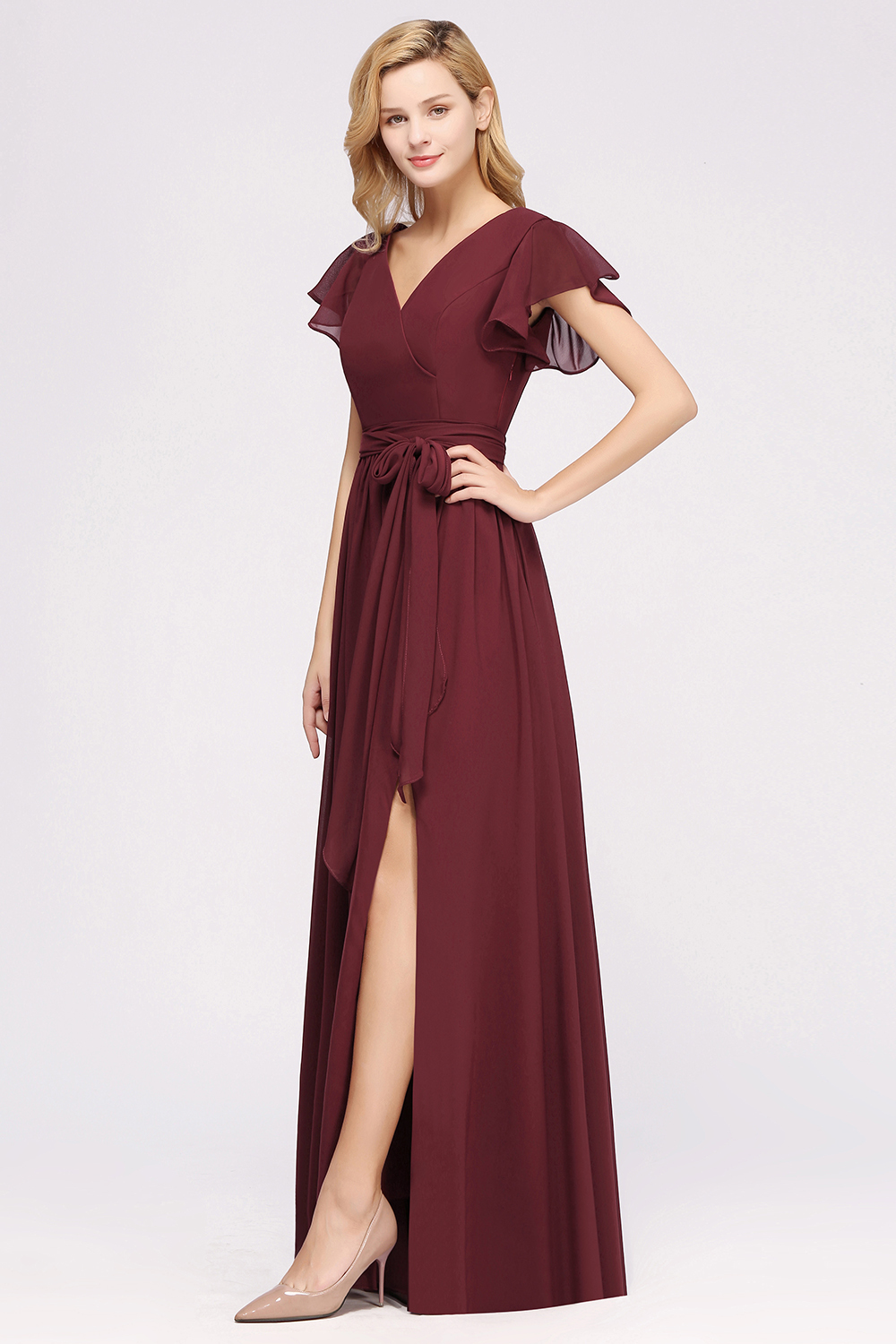 27prom Burgundy V-Neck Long Bridesmaid Dress With Short-Sleeves-27prom