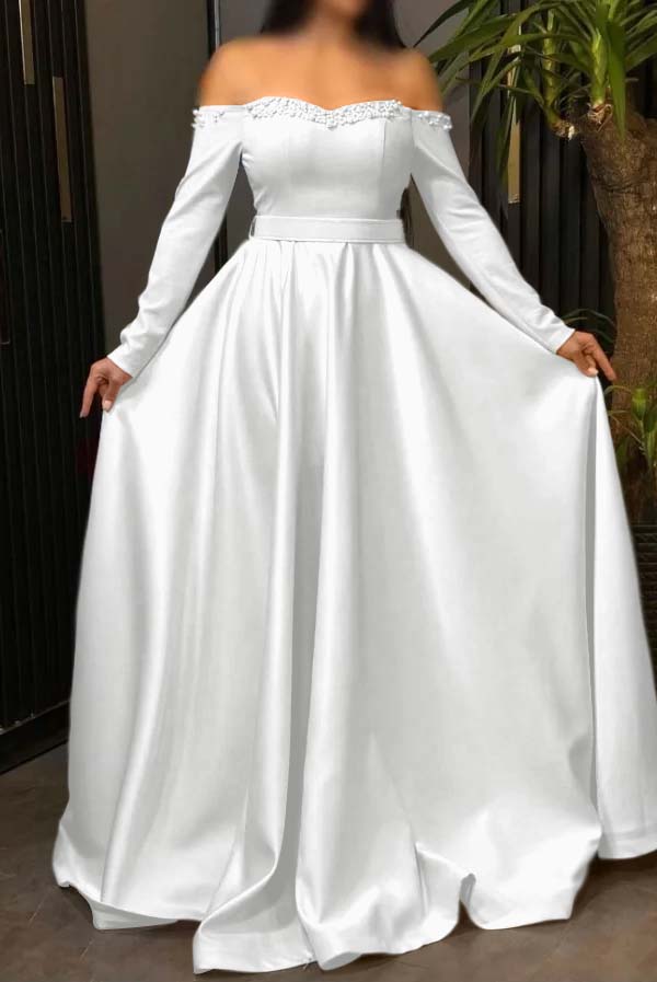 Off the Shoulder Long Sleeves Long Prom Dress With Pleated Beading