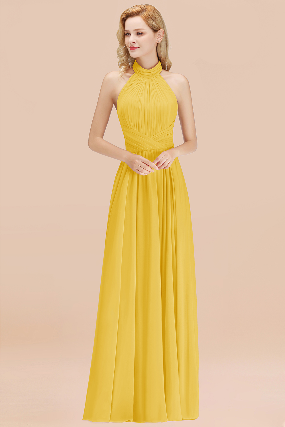 27prom Gorgeous High-Neck Halter Backless Bridesmaid Dress Dusty Rose Chiffon Maid of Honor Dress-27prom