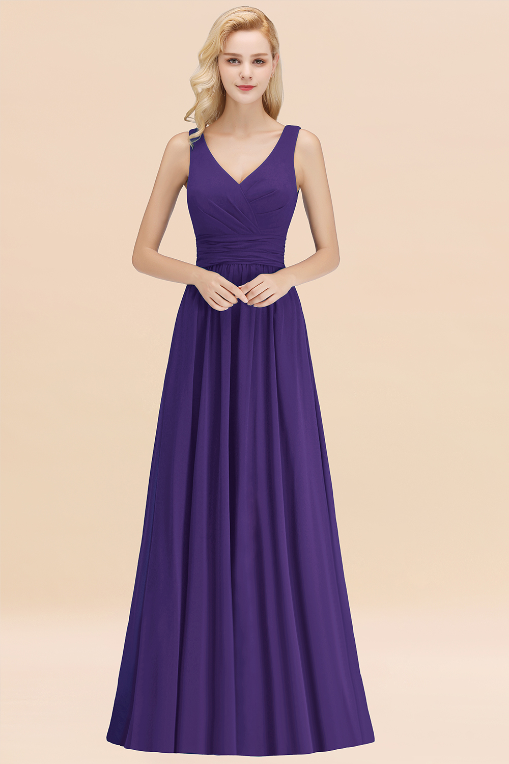 27prom Modest Sleeveless V-Neck Long Chiffon Bridesmaid Dress Online with Ruffle-27prom