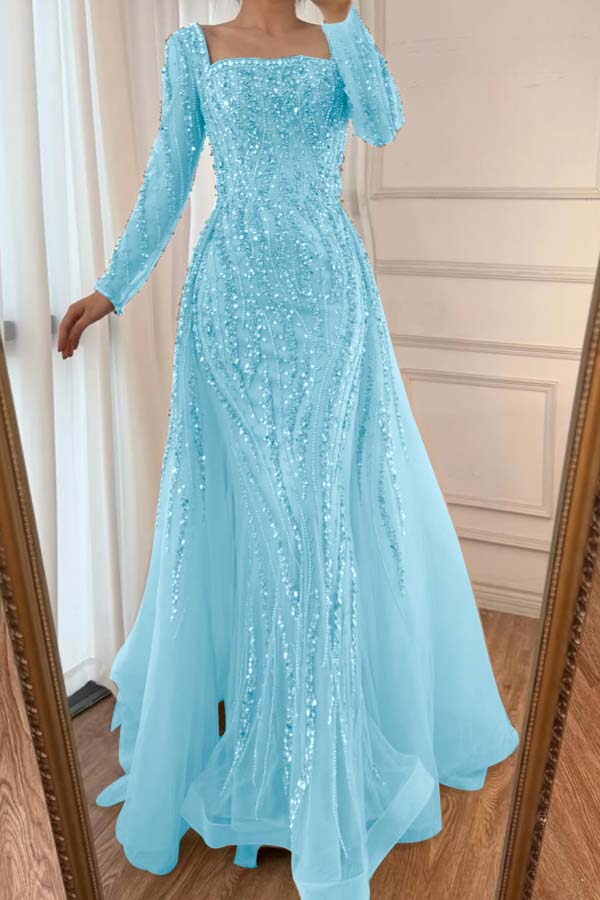 Square Neck Long Sleeves Long Mermaid Prom Dress With Beading Tulle