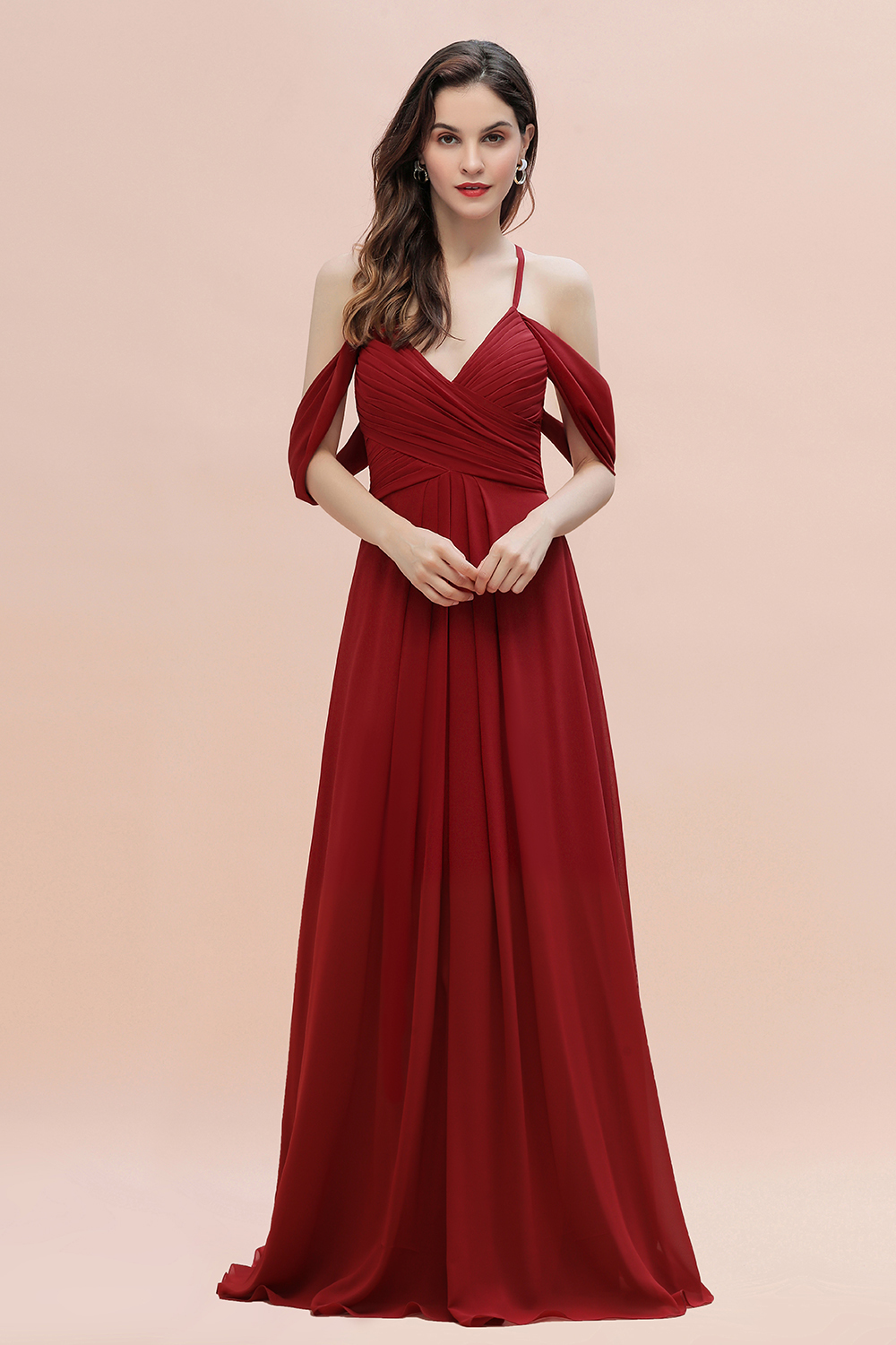 Elegant A-line Off-the-Shoulder V-neck Ruched Long Bridesmaid Dress-27prom