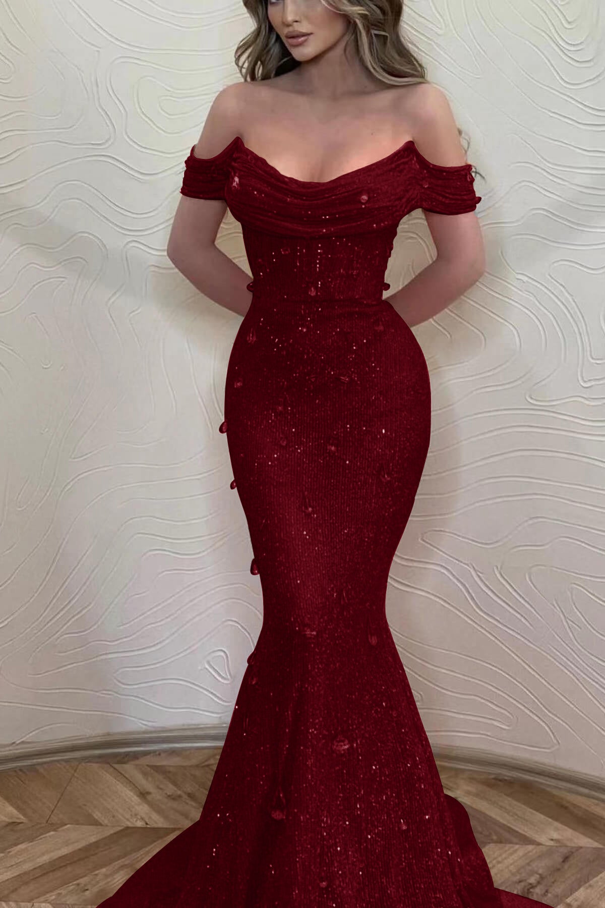 Orange Mermaid Off-The-Shoulder Prom Dress with Sequins