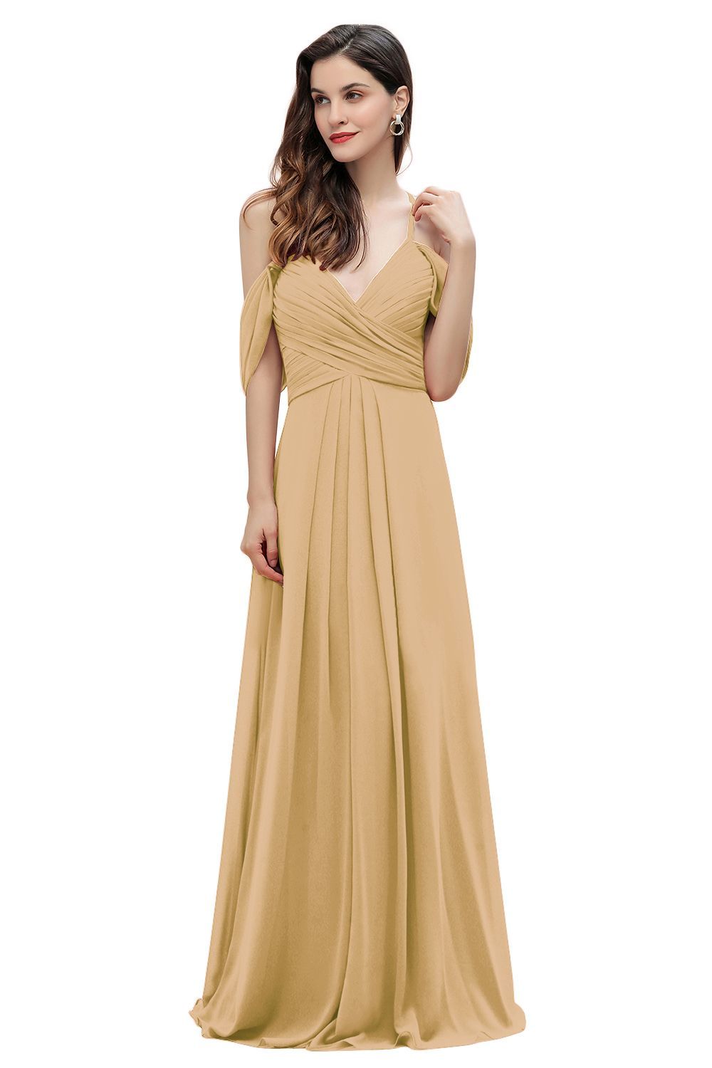 Elegant A-line Off-the-Shoulder V-neck Ruched Long Bridesmaid Dress-27prom