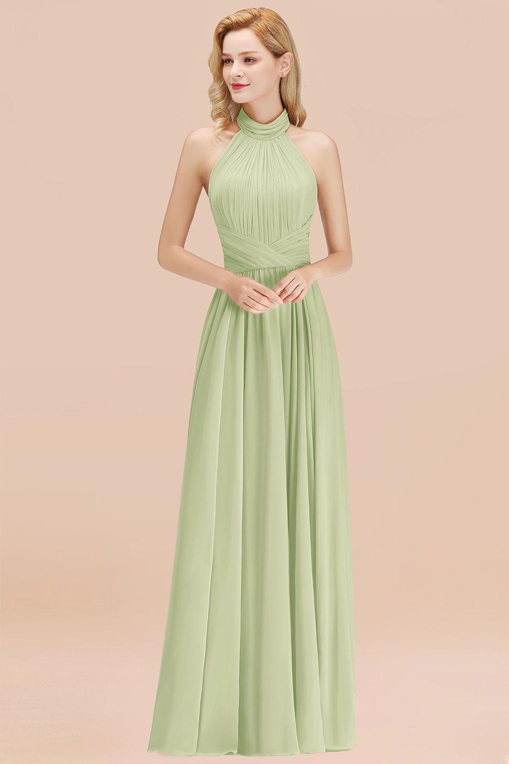 27prom Gorgeous High-Neck Halter Backless Bridesmaid Dress Dusty Rose Chiffon Maid of Honor Dress-27prom
