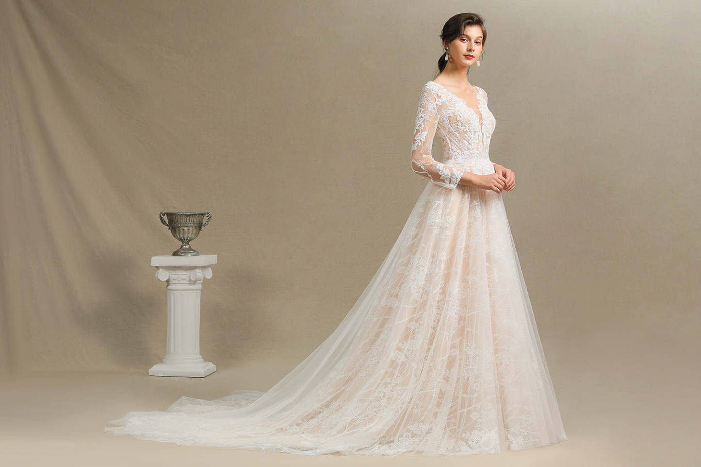 Sheer Long Sleeve A-Line Illusion Tulle Wedding Dress with Lace