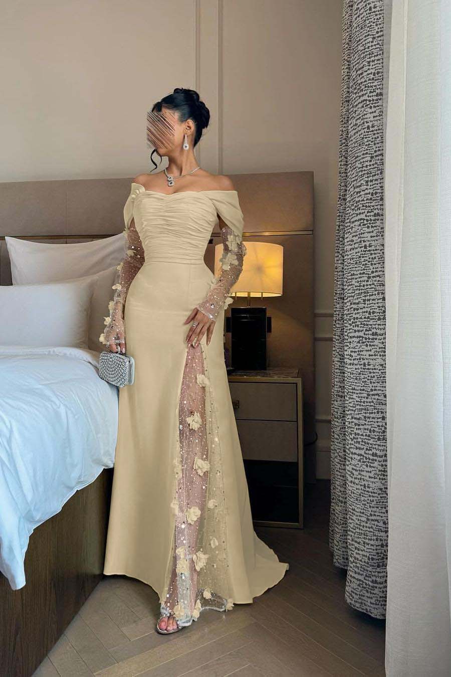 Off the Shoulder Long Sleeves Long Prom Dress With Split Appliques