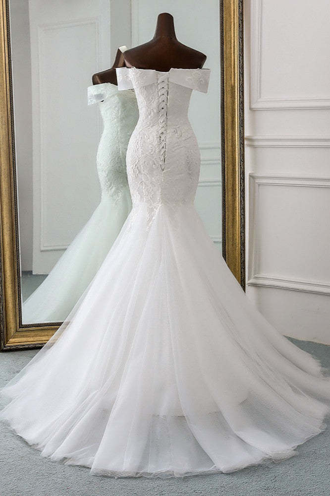 Off-the-Shoulder Long Mermaid Wedding Dress with Tulle Lace